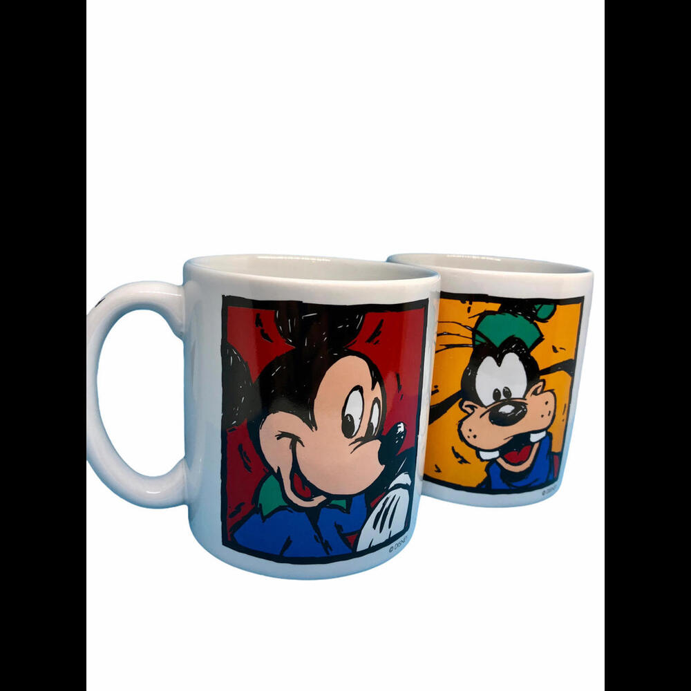Disney Store Mickey Mouse and Goofy Coffee Large Size Mugs 4” x 4” Red and White